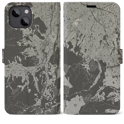 【清田（北海道）】地図柄iPhoneケース（手帳タイプ）モノトーン・iPhone 14 Plus 用