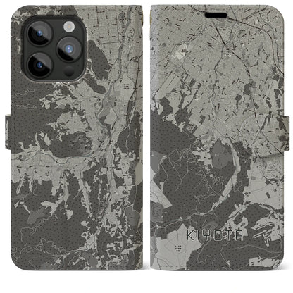 【清田（北海道）】地図柄iPhoneケース（手帳タイプ）モノトーン・iPhone 15 Pro Max 用