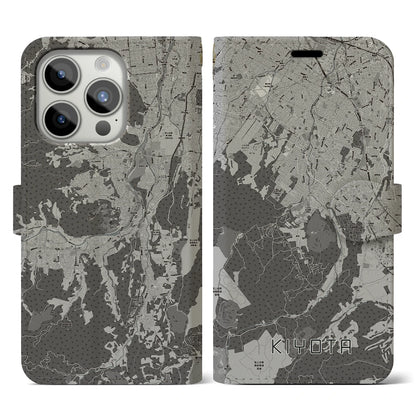 【清田（北海道）】地図柄iPhoneケース（手帳タイプ）モノトーン・iPhone 15 Pro 用