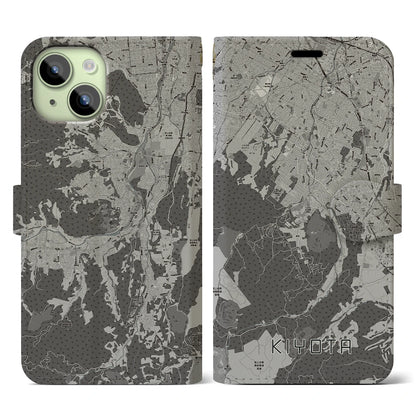 【清田（北海道）】地図柄iPhoneケース（手帳タイプ）モノトーン・iPhone 15 用