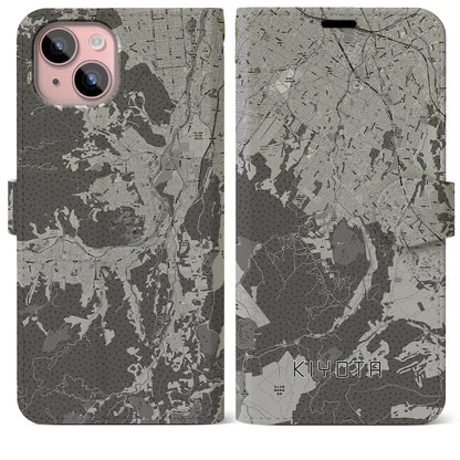 【清田（北海道）】地図柄iPhoneケース（手帳タイプ）モノトーン・iPhone 15 Plus 用