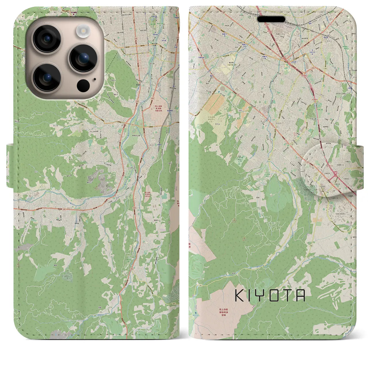 【清田（北海道）】地図柄iPhoneケース（手帳タイプ）ナチュラル・iPhone 16 Plus 用