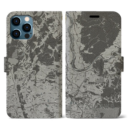 【木津川（京都府）】地図柄iPhoneケース（手帳タイプ）モノトーン・iPhone 12 / 12 Pro 用