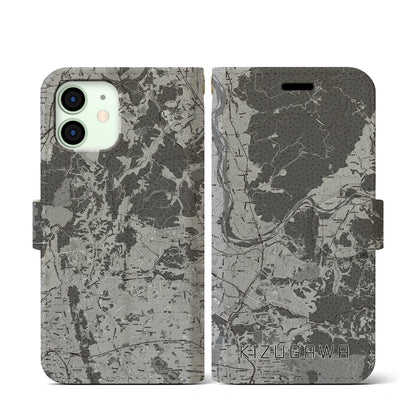 【木津川（京都府）】地図柄iPhoneケース（手帳タイプ）モノトーン・iPhone 12 mini 用