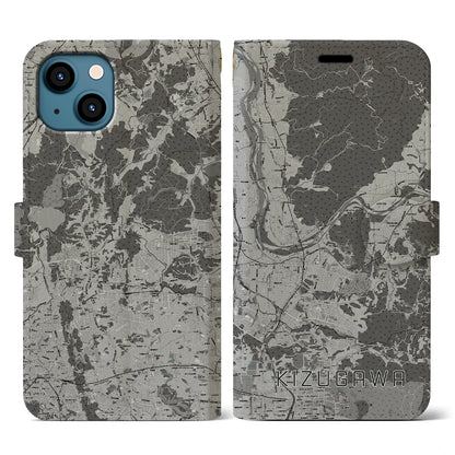 【木津川（京都府）】地図柄iPhoneケース（手帳タイプ）モノトーン・iPhone 13 用
