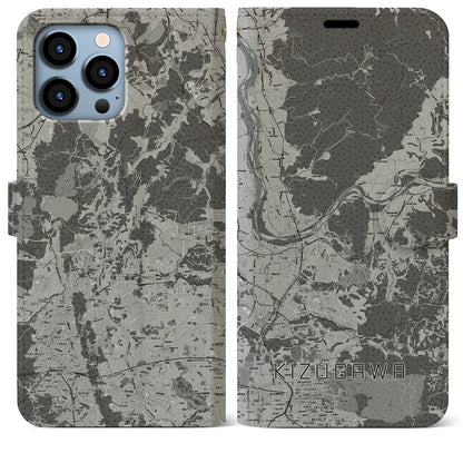 【木津川（京都府）】地図柄iPhoneケース（手帳タイプ）モノトーン・iPhone 13 Pro Max 用