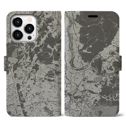 【木津川（京都府）】地図柄iPhoneケース（手帳タイプ）モノトーン・iPhone 13 Pro 用