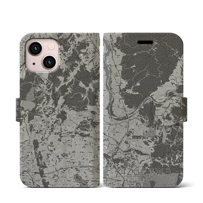 【木津川（京都府）】地図柄iPhoneケース（手帳タイプ）モノトーン・iPhone 13 mini 用