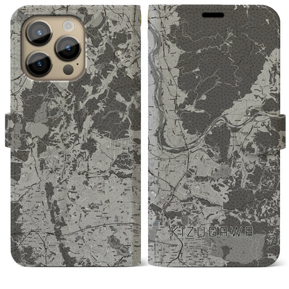 【木津川（京都府）】地図柄iPhoneケース（手帳タイプ）モノトーン・iPhone 14 Pro Max 用