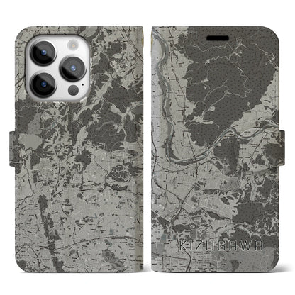 【木津川（京都府）】地図柄iPhoneケース（手帳タイプ）モノトーン・iPhone 14 Pro 用