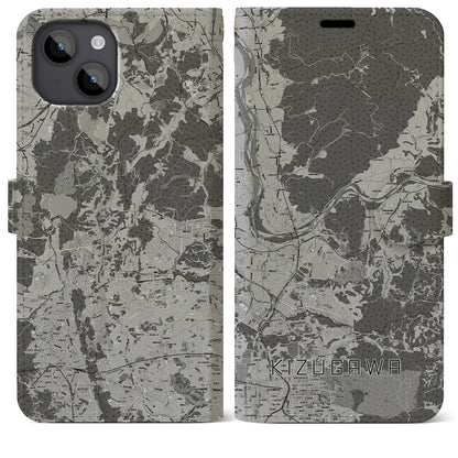 【木津川（京都府）】地図柄iPhoneケース（手帳タイプ）モノトーン・iPhone 14 Plus 用