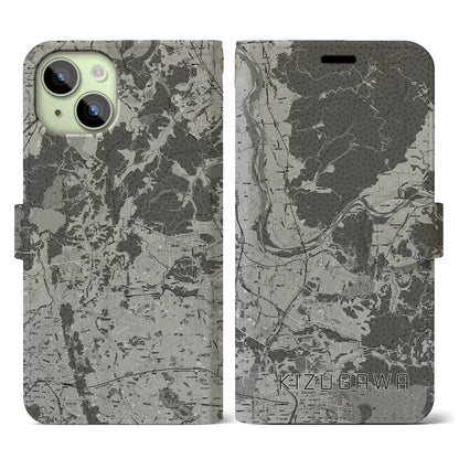 【木津川（京都府）】地図柄iPhoneケース（手帳タイプ）モノトーン・iPhone 15 用