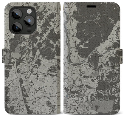 【木津川（京都府）】地図柄iPhoneケース（手帳タイプ）モノトーン・iPhone 15 Pro Max 用