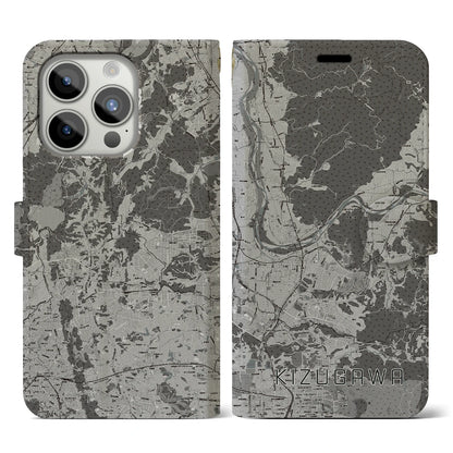 【木津川（京都府）】地図柄iPhoneケース（手帳タイプ）モノトーン・iPhone 15 Pro 用