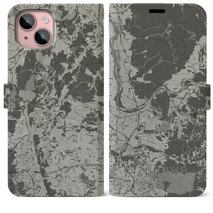 【木津川（京都府）】地図柄iPhoneケース（手帳タイプ）モノトーン・iPhone 15 Plus 用