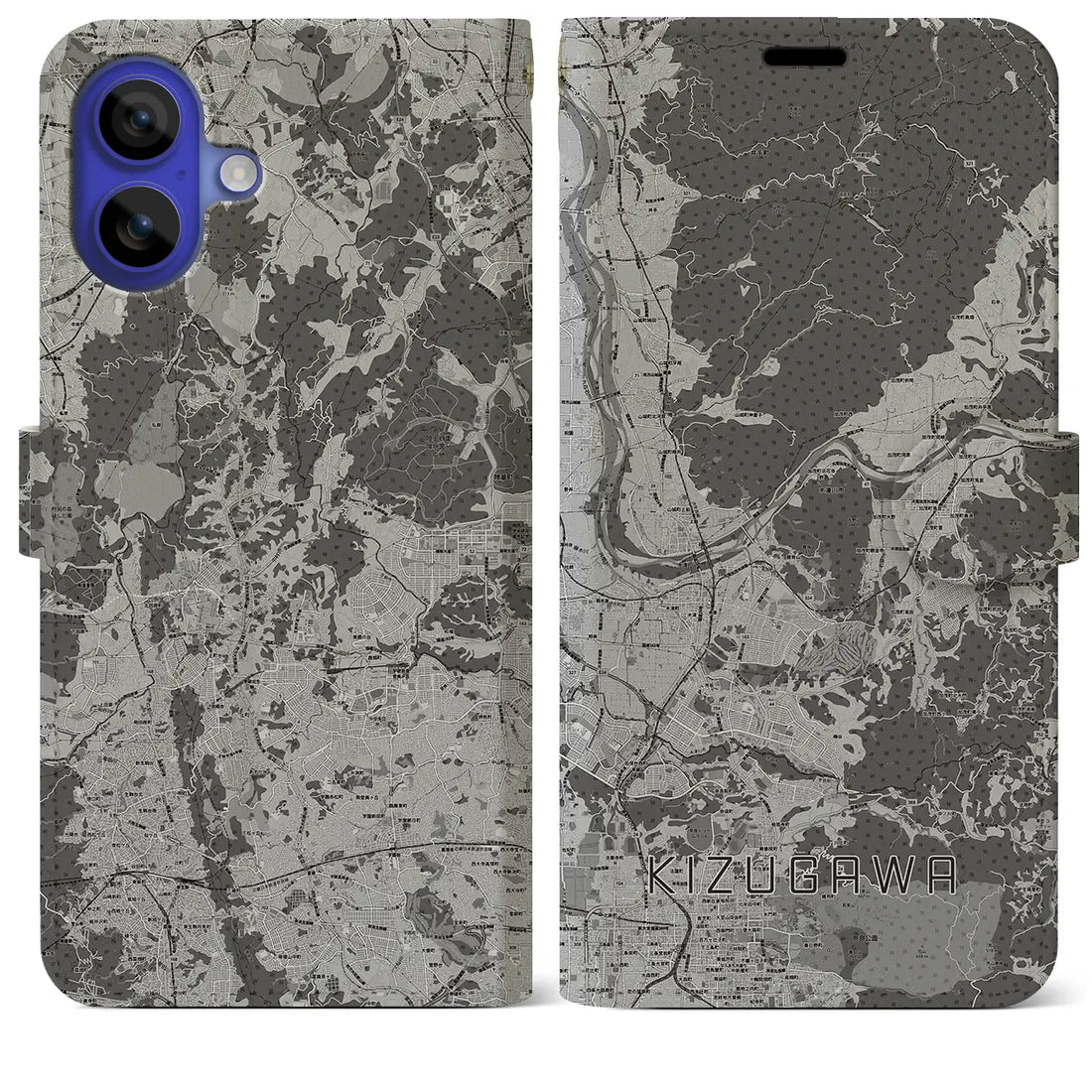 【木津川(京都府)】地図柄iPhoneケース(手帳タイプ)モノトーン・iPhone 16 Pro Max 用