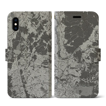 【木津川（京都府）】地図柄iPhoneケース（手帳タイプ）モノトーン・iPhone XS / X 用