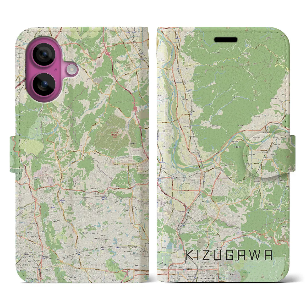 【木津川（京都府）】地図柄iPhoneケース（手帳タイプ）ナチュラル・iPhone 16 Pro 用