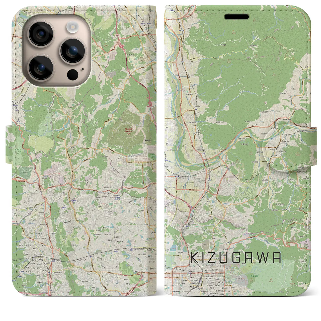 【木津川（京都府）】地図柄iPhoneケース（手帳タイプ）ナチュラル・iPhone 16 Plus 用