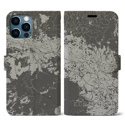 【小林（宮崎県）】地図柄iPhoneケース（手帳タイプ）モノトーン・iPhone 12 / 12 Pro 用