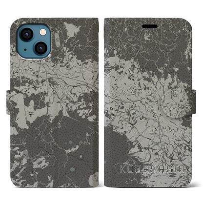 【小林（宮崎県）】地図柄iPhoneケース（手帳タイプ）モノトーン・iPhone 13 用