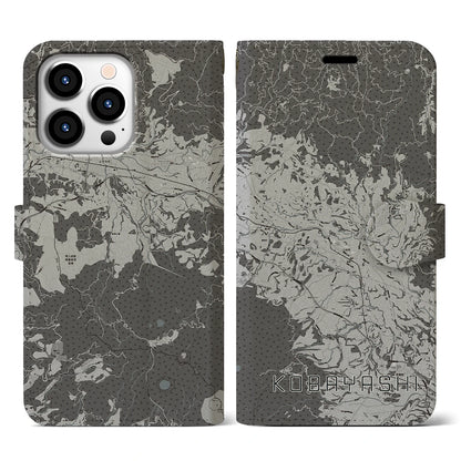 【小林（宮崎県）】地図柄iPhoneケース（手帳タイプ）モノトーン・iPhone 13 Pro 用