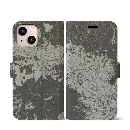 【小林（宮崎県）】地図柄iPhoneケース（手帳タイプ）モノトーン・iPhone 13 mini 用
