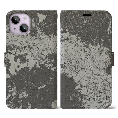 【小林（宮崎県）】地図柄iPhoneケース（手帳タイプ）モノトーン・iPhone 14 用