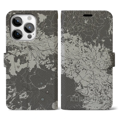 【小林（宮崎県）】地図柄iPhoneケース（手帳タイプ）モノトーン・iPhone 14 Pro 用