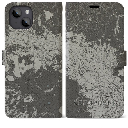 【小林（宮崎県）】地図柄iPhoneケース（手帳タイプ）モノトーン・iPhone 14 Plus 用