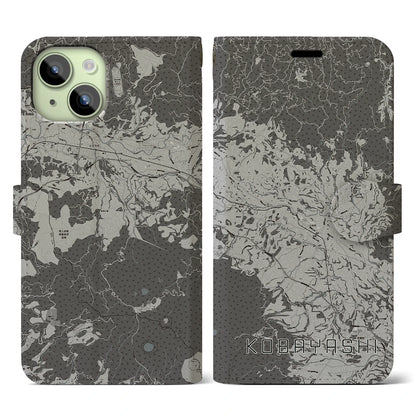 【小林（宮崎県）】地図柄iPhoneケース（手帳タイプ）モノトーン・iPhone 15 用