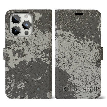 【小林（宮崎県）】地図柄iPhoneケース（手帳タイプ）モノトーン・iPhone 15 Pro 用