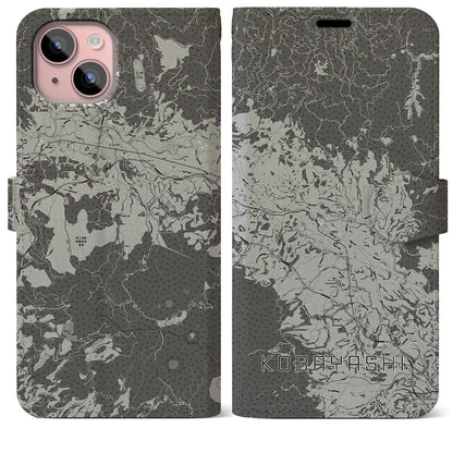 【小林（宮崎県）】地図柄iPhoneケース（手帳タイプ）モノトーン・iPhone 15 Plus 用