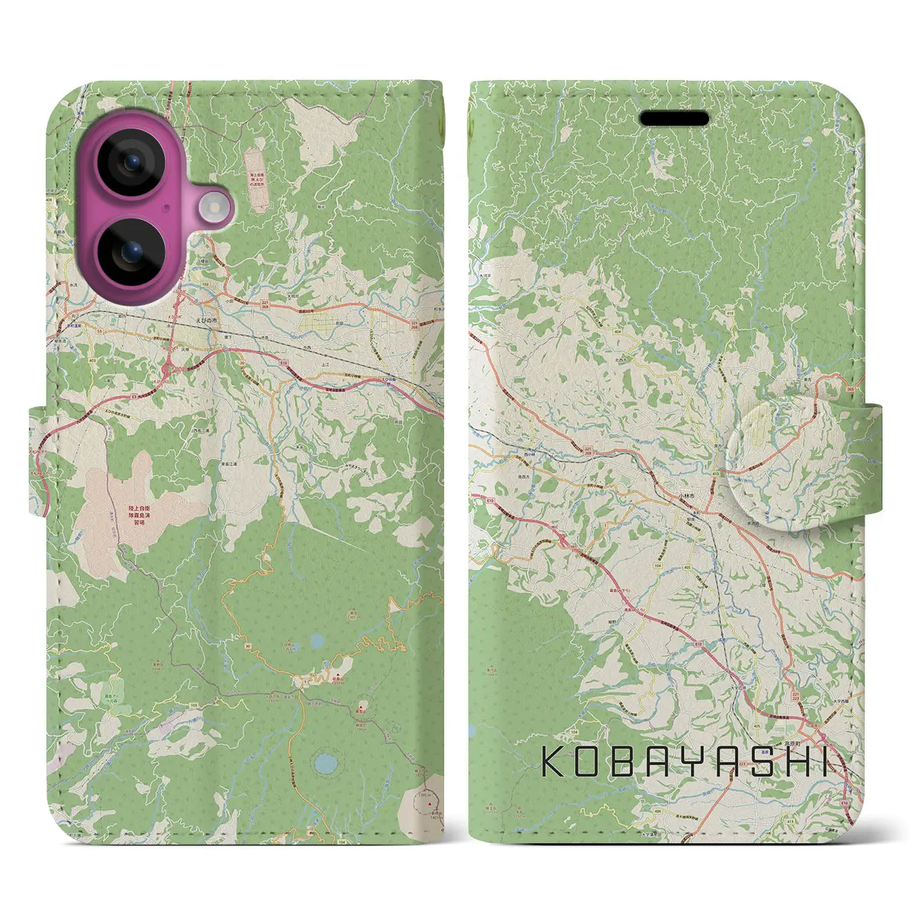 【小林（宮崎県）】地図柄iPhoneケース（手帳タイプ）ナチュラル・iPhone 16 Pro 用