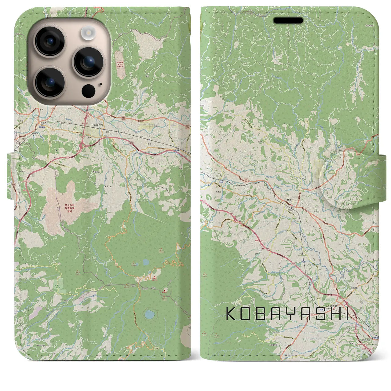 【小林（宮崎県）】地図柄iPhoneケース（手帳タイプ）ナチュラル・iPhone 16 Plus 用