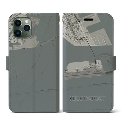 【神戸空港（兵庫県）】地図柄iPhoneケース（手帳タイプ）モノトーン・iPhone 11 Pro 用
