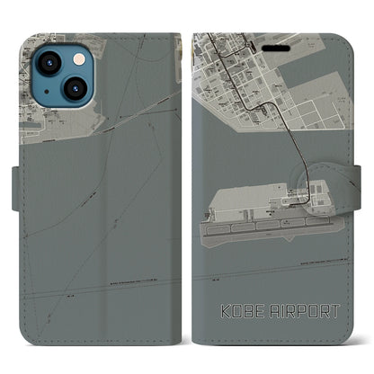 【神戸空港（兵庫県）】地図柄iPhoneケース（手帳タイプ）モノトーン・iPhone 13 用