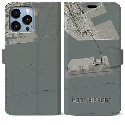 【神戸空港（兵庫県）】地図柄iPhoneケース（手帳タイプ）モノトーン・iPhone 13 Pro Max 用