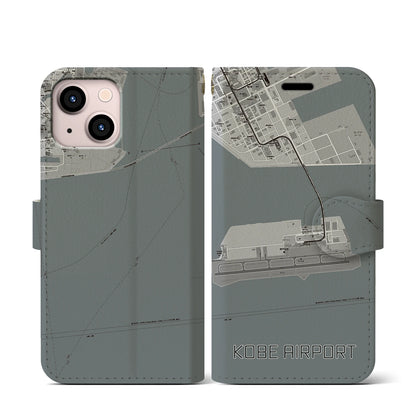 【神戸空港（兵庫県）】地図柄iPhoneケース（手帳タイプ）モノトーン・iPhone 13 mini 用