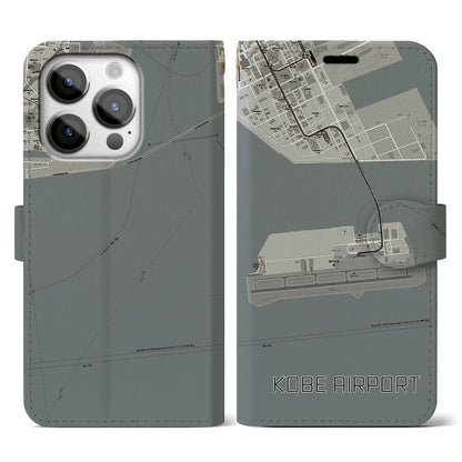 【神戸空港（兵庫県）】地図柄iPhoneケース（手帳タイプ）モノトーン・iPhone 14 Pro 用