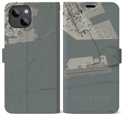 【神戸空港（兵庫県）】地図柄iPhoneケース（手帳タイプ）モノトーン・iPhone 14 Plus 用