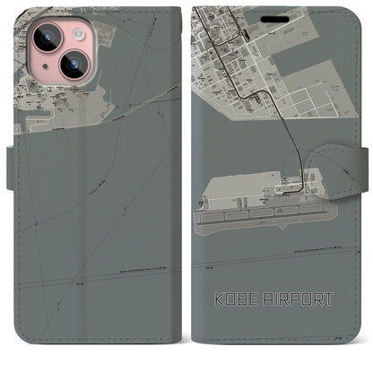 【神戸空港（兵庫県）】地図柄iPhoneケース（手帳タイプ）モノトーン・iPhone 15 Plus 用