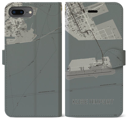 【神戸空港（兵庫県）】地図柄iPhoneケース（手帳タイプ）モノトーン・iPhone 8Plus /7Plus / 6sPlus / 6Plus 用