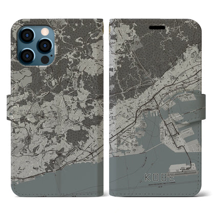 【神戸（兵庫県）】地図柄iPhoneケース（手帳タイプ）モノトーン・iPhone 12 / 12 Pro 用