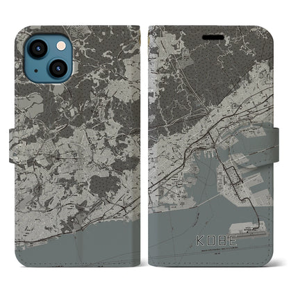 【神戸（兵庫県）】地図柄iPhoneケース（手帳タイプ）モノトーン・iPhone 13 用