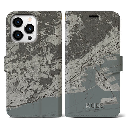 【神戸（兵庫県）】地図柄iPhoneケース（手帳タイプ）モノトーン・iPhone 13 Pro 用