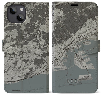 【神戸（兵庫県）】地図柄iPhoneケース（手帳タイプ）モノトーン・iPhone 14 Plus 用