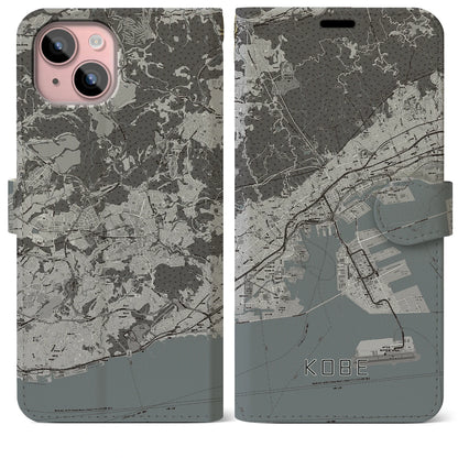 【神戸（兵庫県）】地図柄iPhoneケース（手帳タイプ）モノトーン・iPhone 15 Plus 用