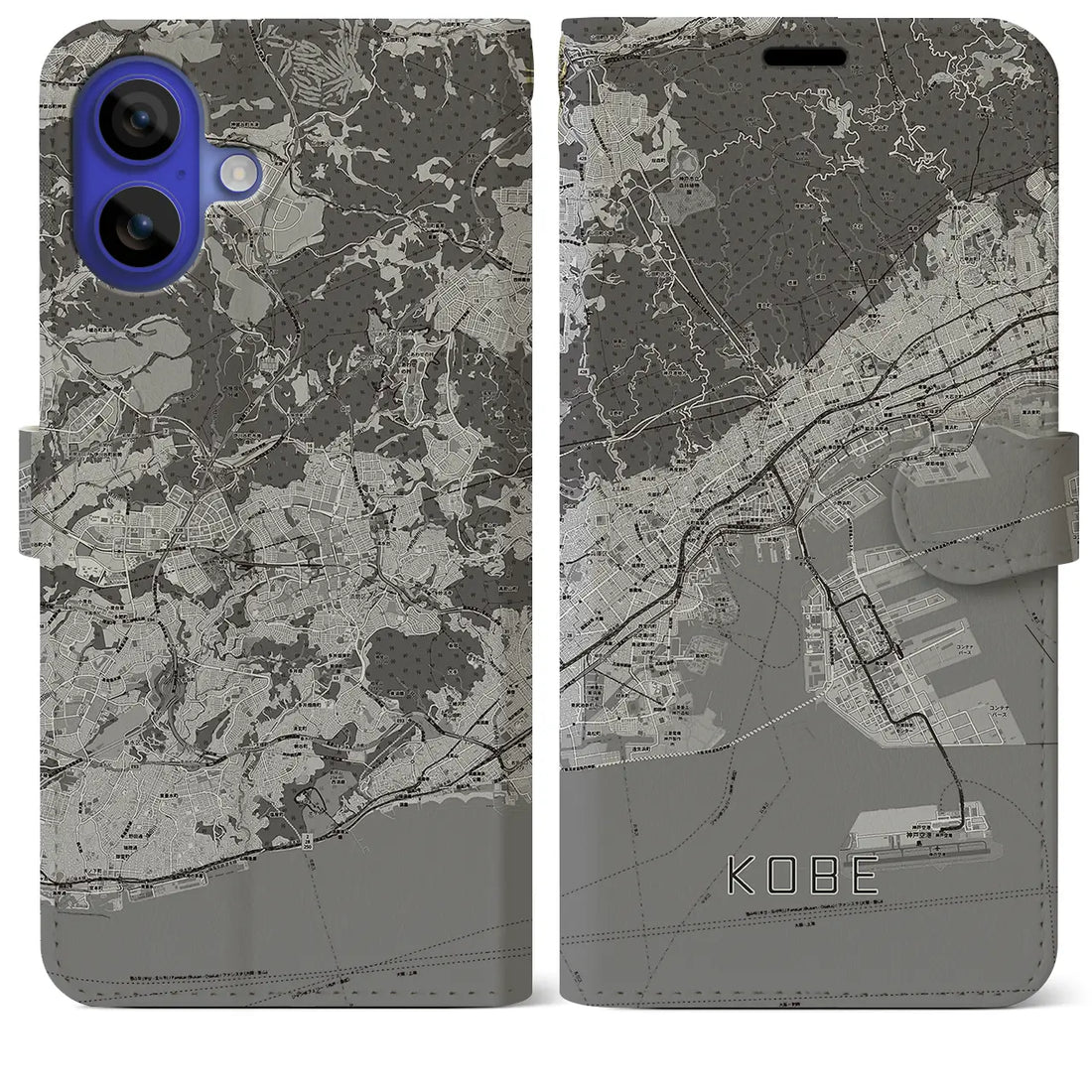 【神戸(兵庫県)】地図柄iPhoneケース(手帳タイプ)モノトーン・iPhone 16 Pro Max 用