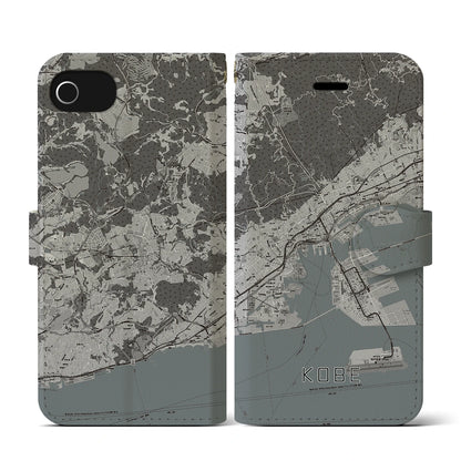【神戸（兵庫県）】地図柄iPhoneケース（手帳タイプ）モノトーン・iPhone SE（第3 / 第2世代） / 8 / 7 / 6s / 6 用